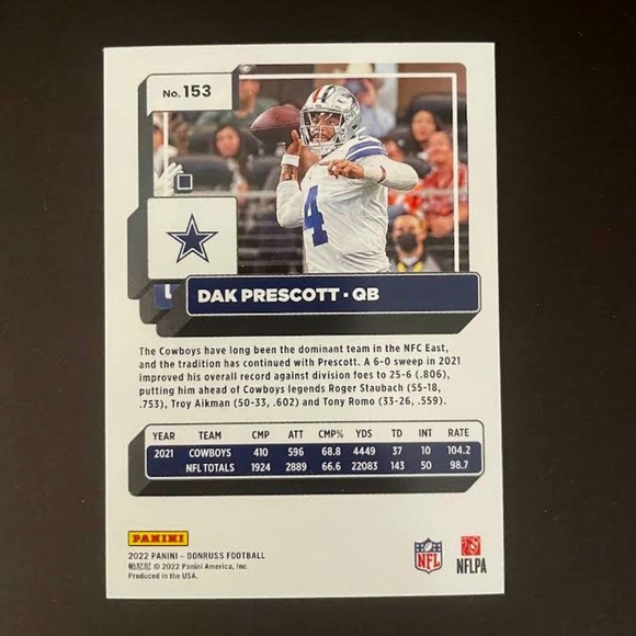 Dak Prescott: Dallas Cowboys, Quarterback 2022 Panini Donruss Football #153 - Picture 2 of 2